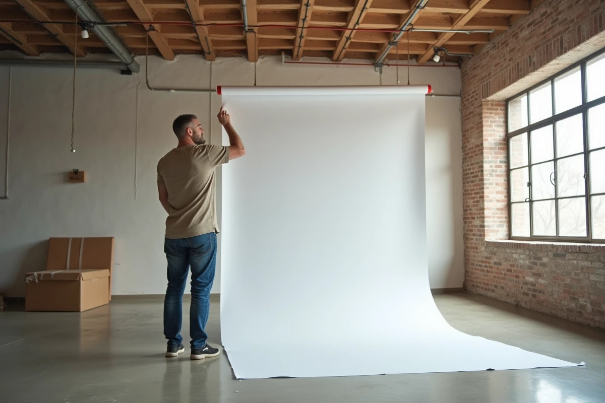 Homme déployant une impression décorative dans un loft lumineux
