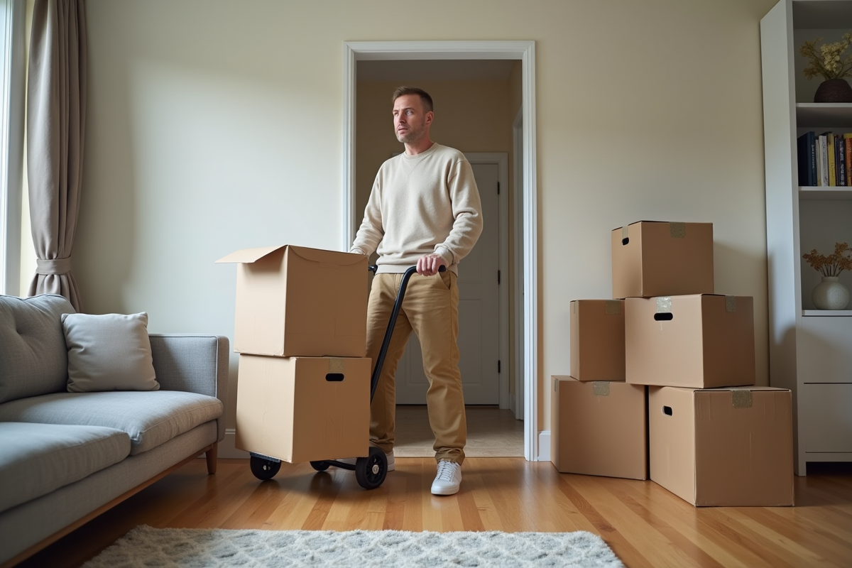 Homme poussant un chariot avec des cartons dans un salon