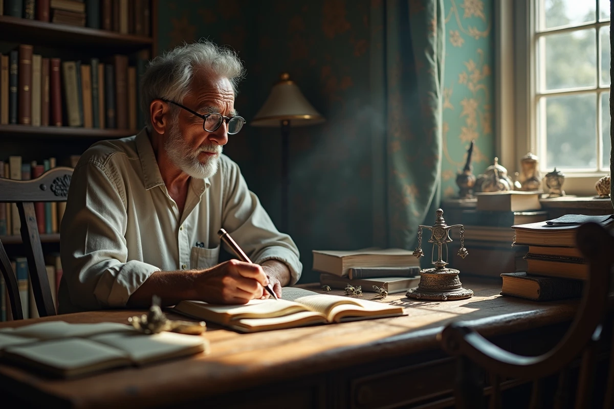 Homme &acirc;g&eacute; prenant des notes pr&egrave;s d&rsquo;un amulette et des mouches
