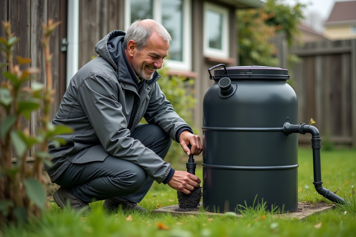 Homme ajustant un filtre à eau dans un jardin avec baril de pluie
