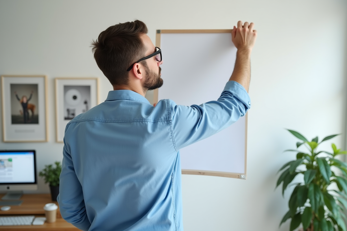 Homme accrochant un poster personnalisé dans son bureau