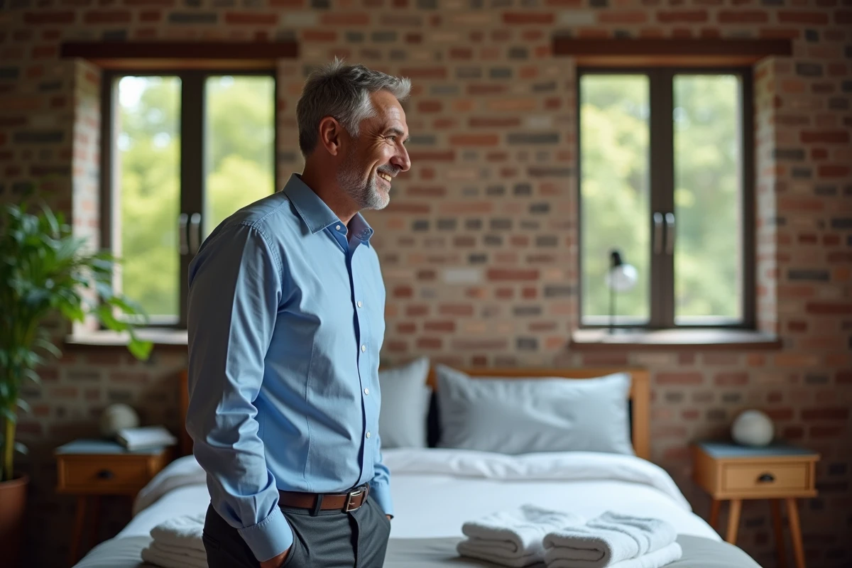 Homme en tenue d&eacute;contract&eacute;e v&eacute;rifiant un lit dans une chambre chaleureuse