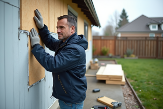 Homme appliquant une panneau isolant sur un mur extérieur