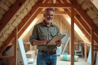 Homme vérifiant l'isolation dans un grenier rénové