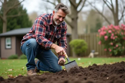 Homme d'âge moyen en jeans utilisant un râteau pour niveler le sol