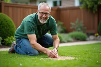 Homme souriant en jardinage dans un jardin verdoyant