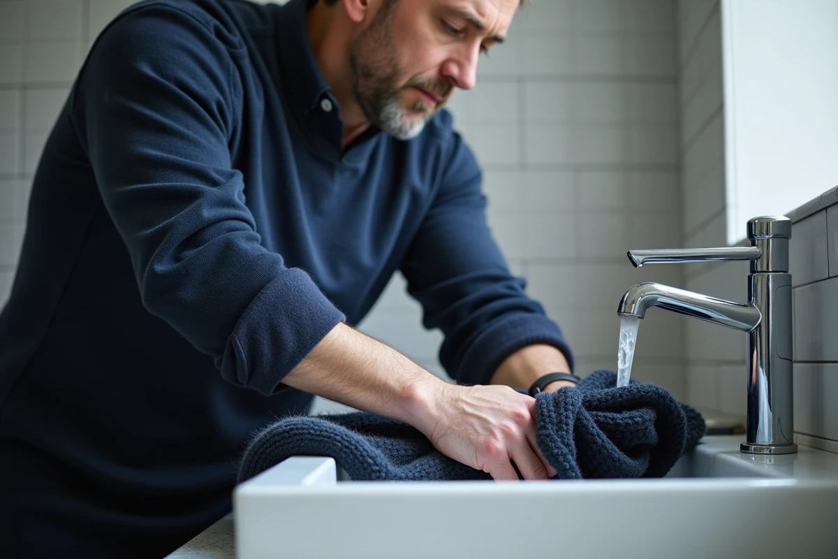 Homme lavant délicatement un pull en laine à la main dans un lavabo pour respecter le pictogramme lessive interdisant le lavage en machine