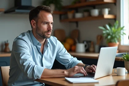 Homme en tenue décontractée consulte le site Maisonkayro