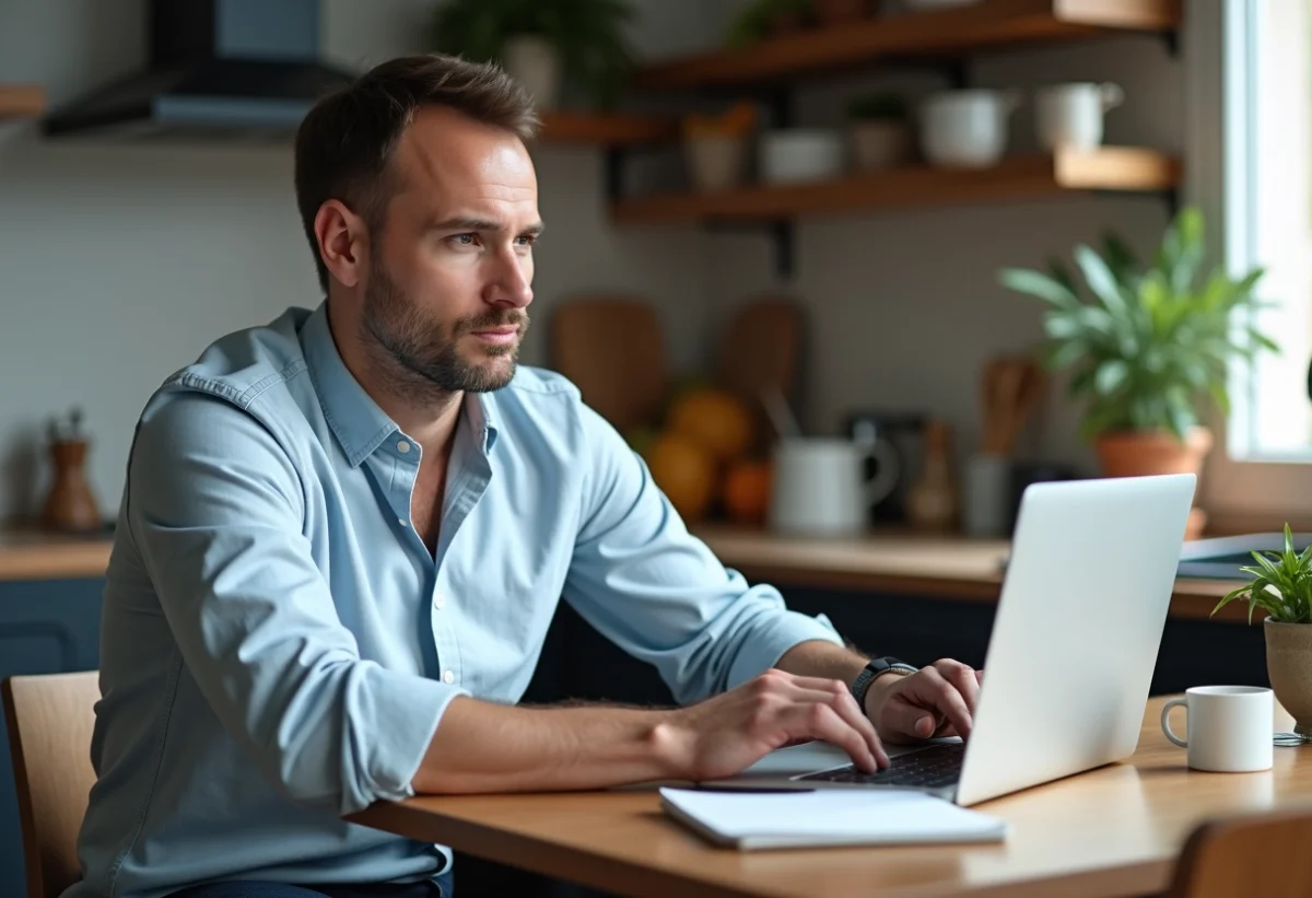 Homme en tenue décontractée consulte le site Maisonkayro