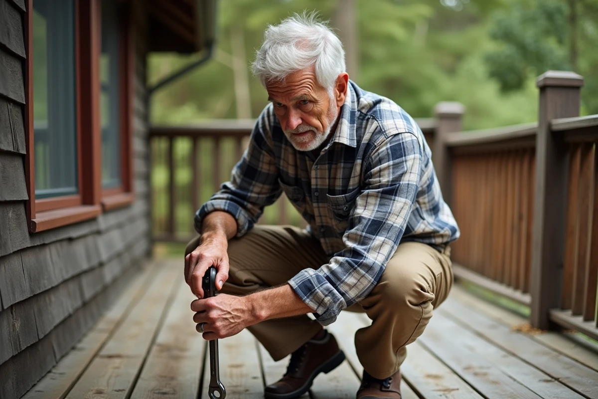 Homme âgé dehors sur terrasse réparant un boulon