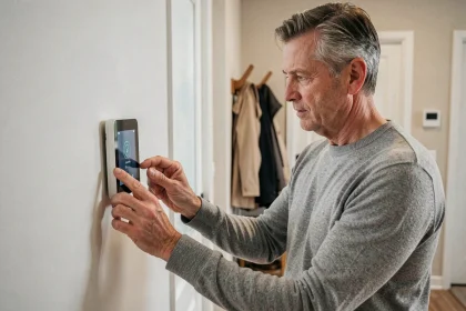 Homme examinant un panneau d'alarme maison connecté dans une entrée de maison contemporaine, alternative économique aux systèmes Verisure