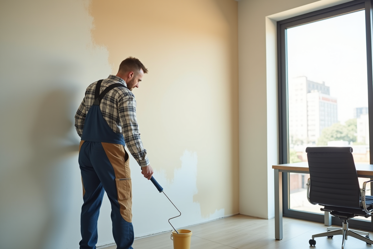 Homme en overalls peignant un mur dans un bureau lumineux
