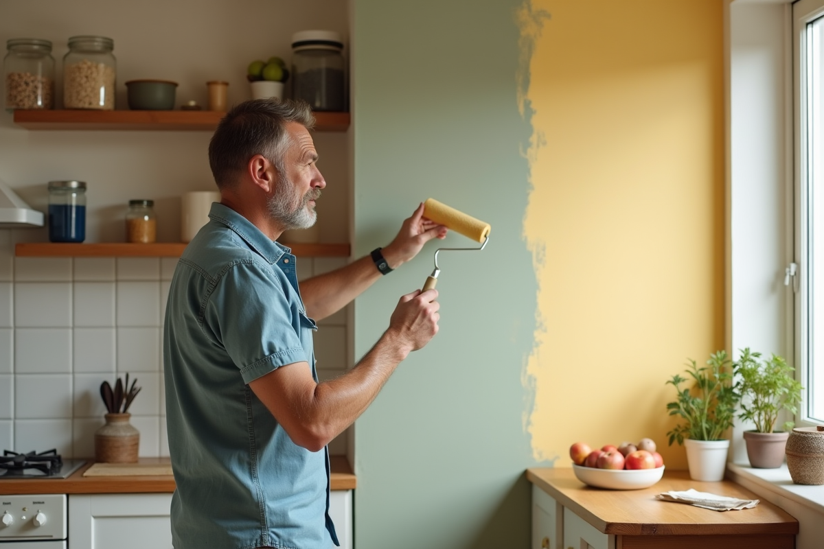Homme peignant un mur dans une cuisine lumineuse et accueillante