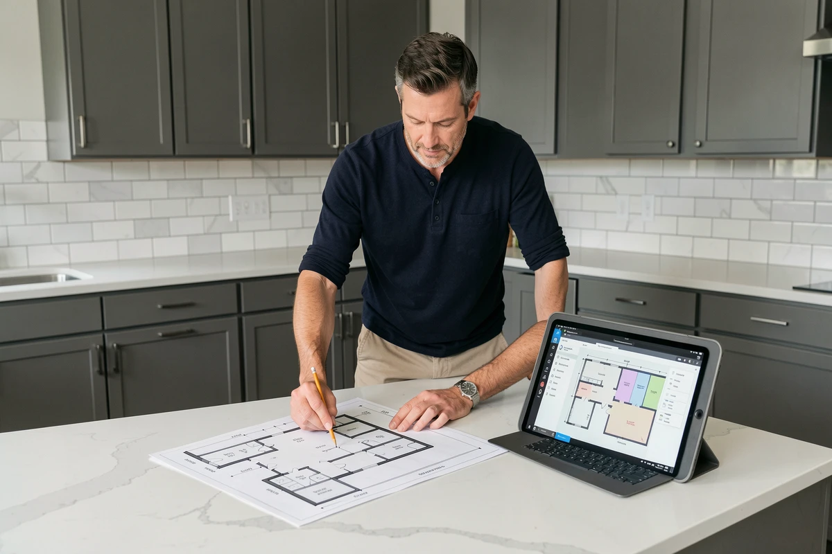 Homme consultant un plan d'aménagement intérieur imprimé et un logiciel de planification Leroy Merlin sur tablette dans une cuisine moderne