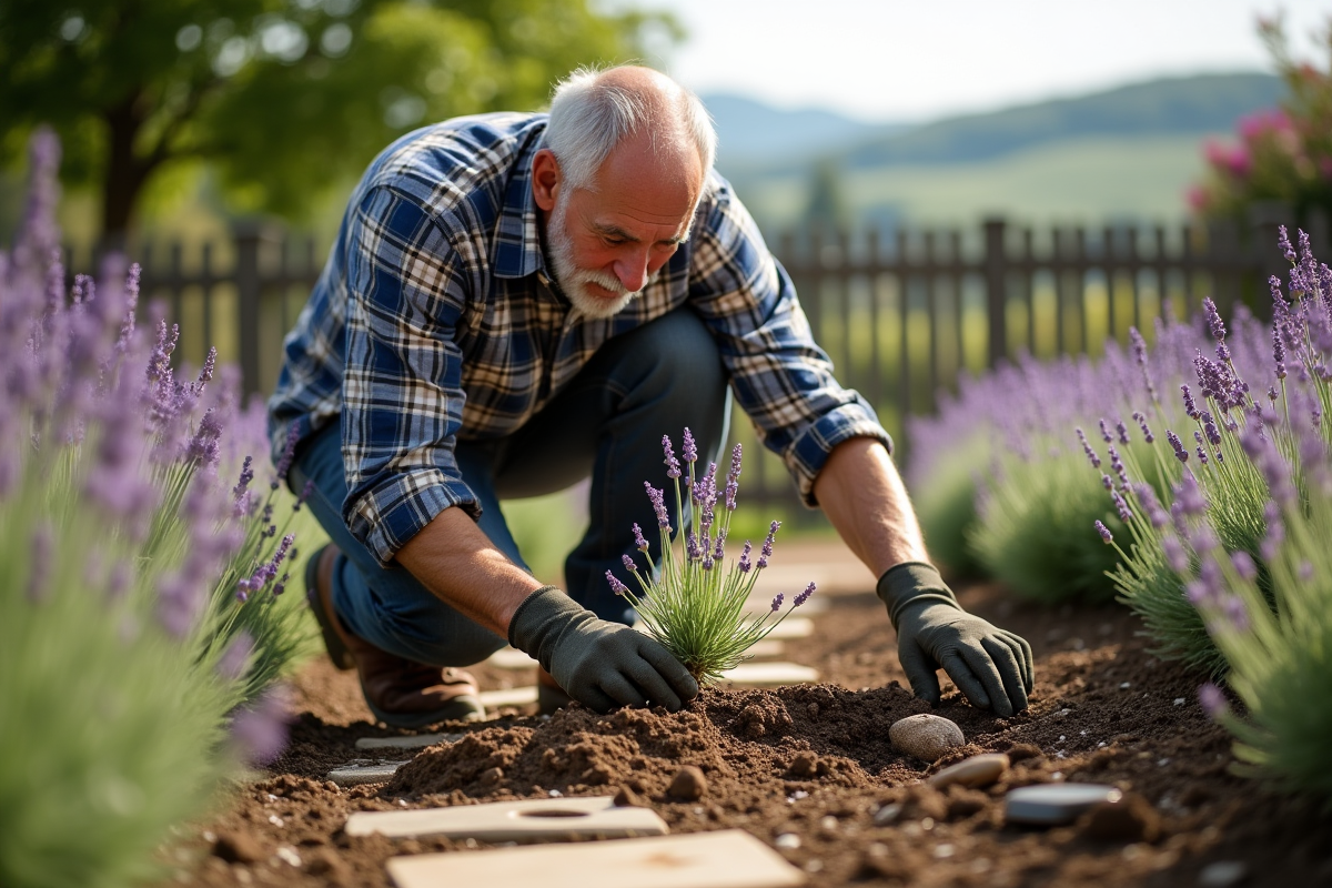Homme plantant de la lavande dans le jardin en plein air