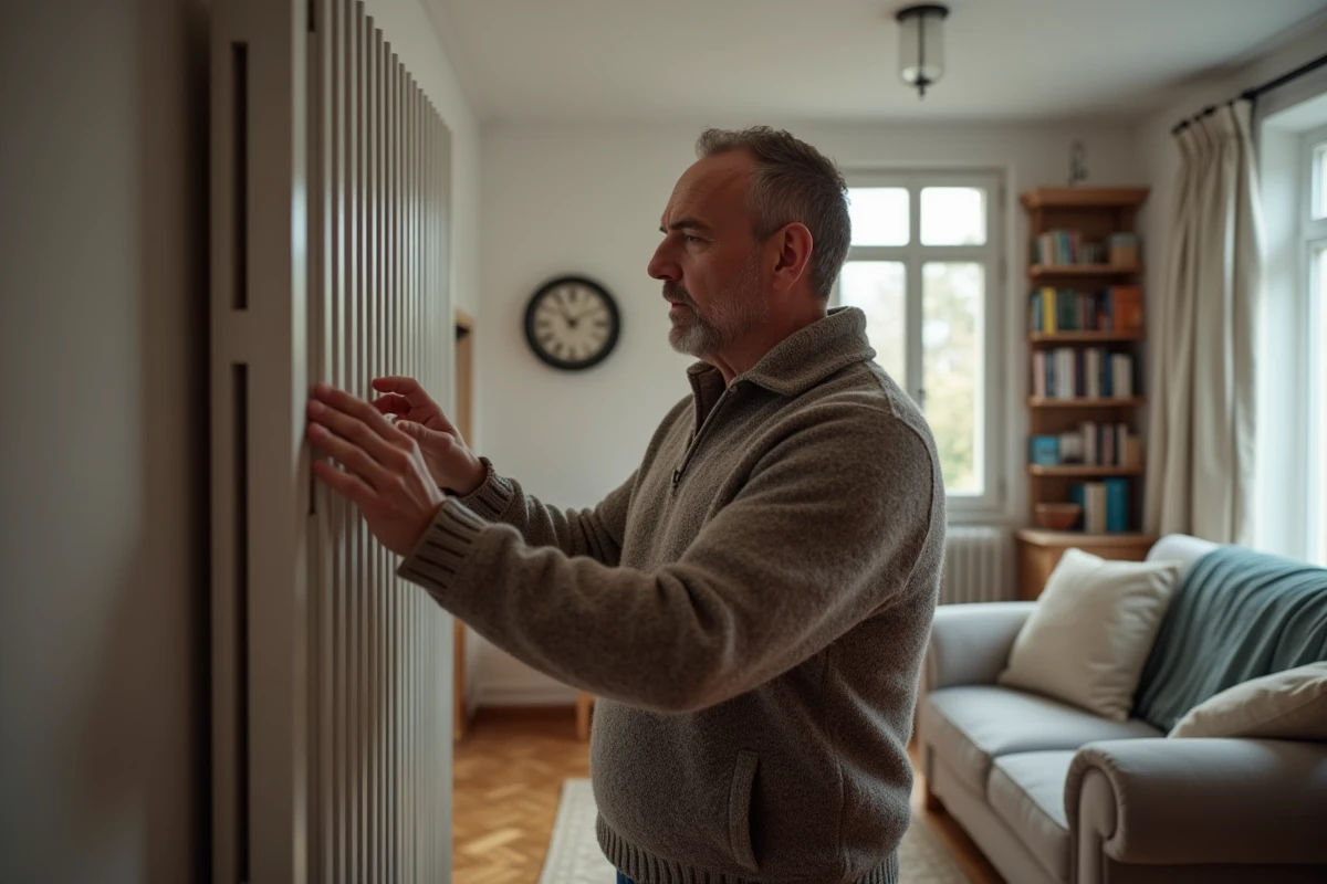 Homme d'âge moyen examinant un radiateur électrique moderne dans un salon
