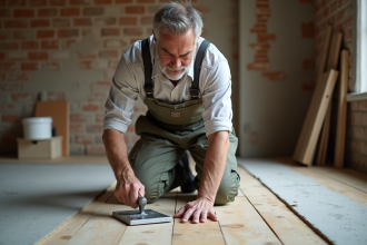 Homme en salopette appliquant un enduit de nivellement
