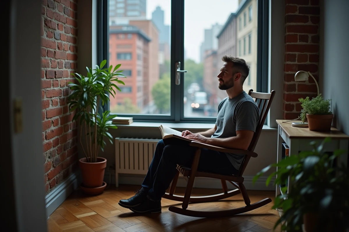 Homme assis dans un rocking chair économique dans un coin lecture d'appartement avec vue sur rue pluvieuse