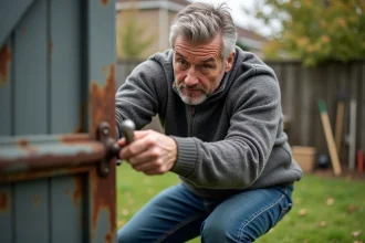 Homme d'âge moyen desserrant un gros boulon rouillé sur une porte de jardin
