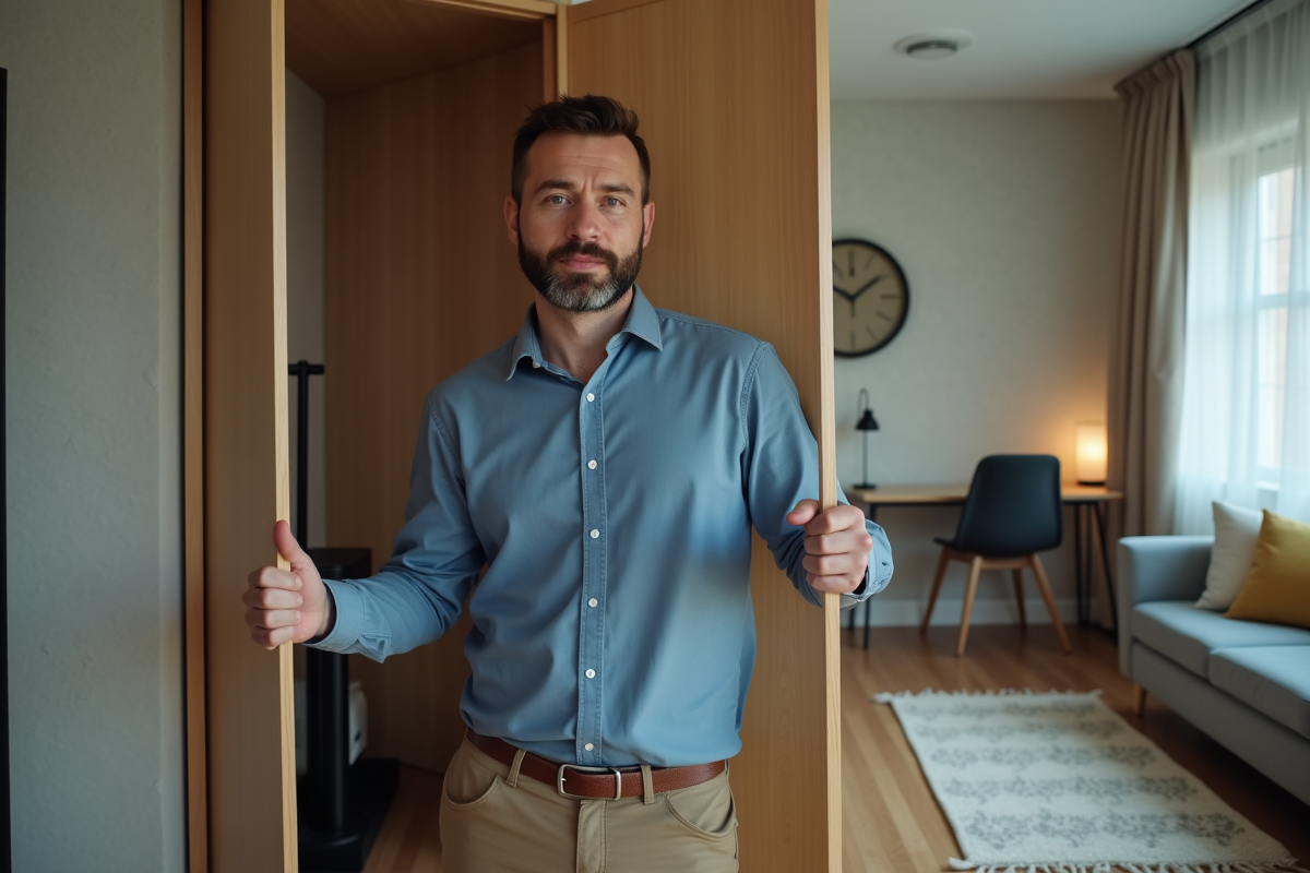 Homme plaçant un paravent pour diviser un studio urbain