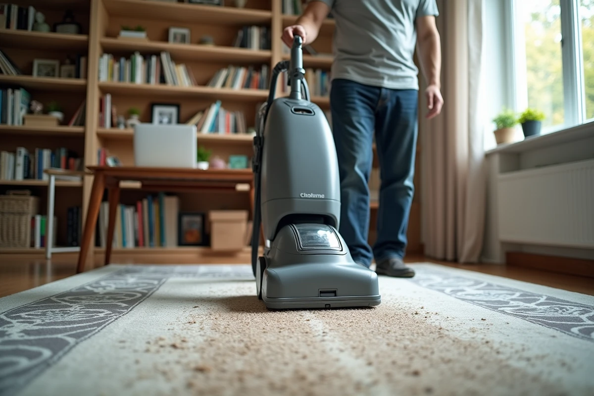 Homme utilisant une shampouineuse sur un tapis de bureau à domicile montrant la zone nettoyée avec un produit écologique