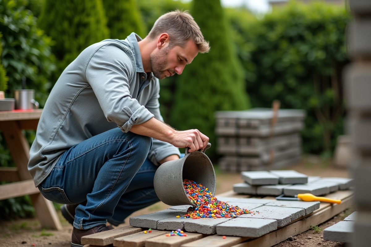 Homme moyenâgeux verse des morceaux de plastique recyclé pour pavage
