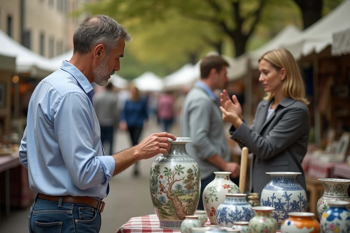 Homme examinant un vase Quimper dans un marché d