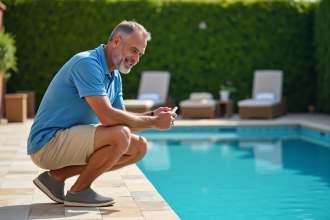 Homme vérifiant la qualité de l'eau de la piscine extérieure