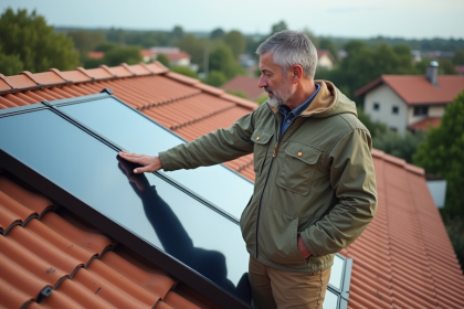 Homme d'âge moyen examinant un panneau solaire sur le toit