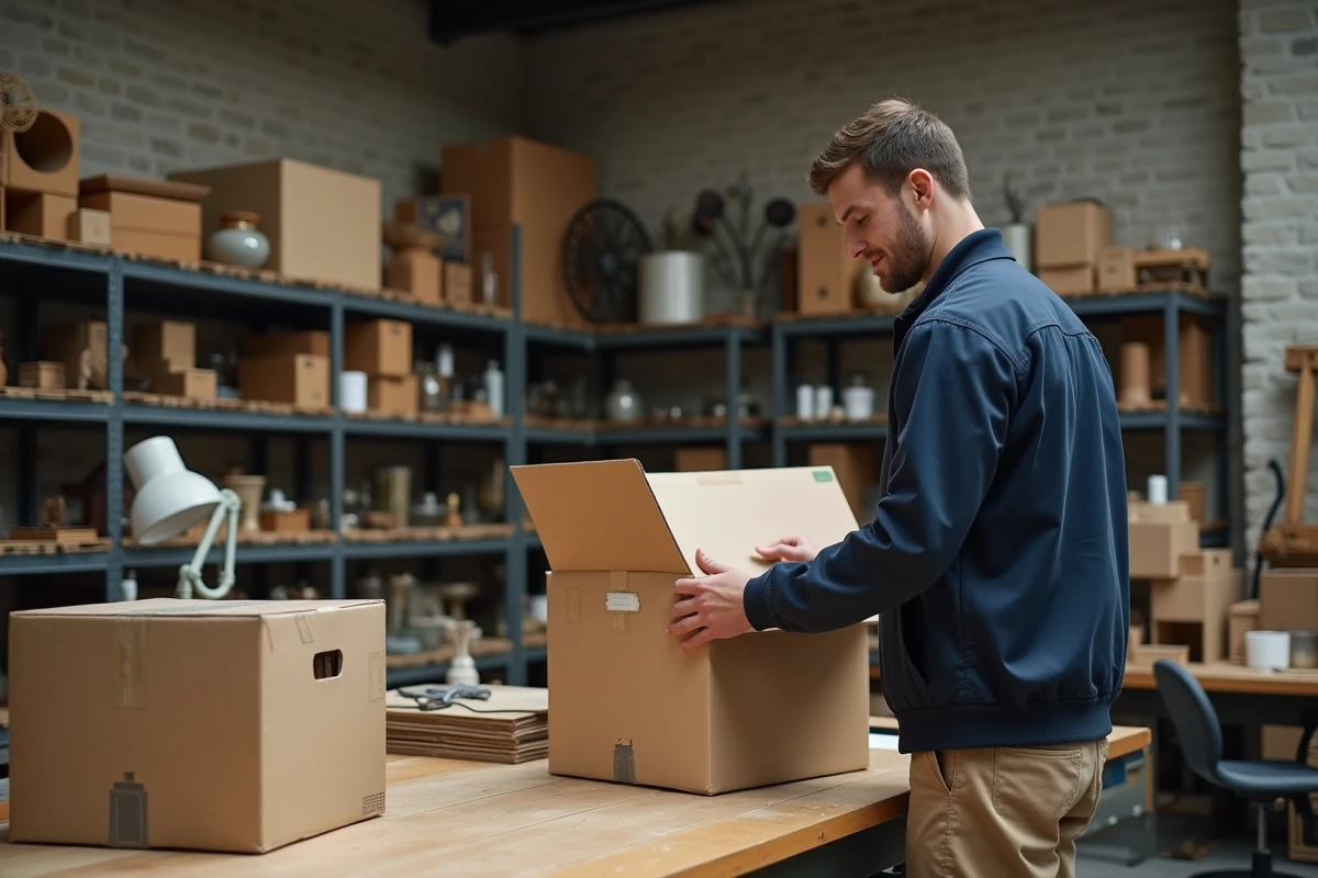 Jeune homme emballant une lampe ancienne dans un entrep&ocirc;t lumineux