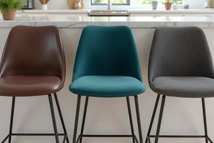 Trois tabourets de bar côte à côte avec housses en cuir marron, velours bleu sarcelle et polyester gris dans une cuisine moderne