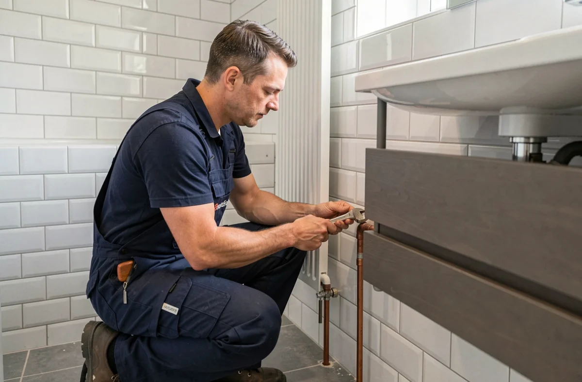 Technicien de Hygi Chauff installant un radiateur et un meuble vasque dans une salle de bain carrelée du Pas-de-Calais
