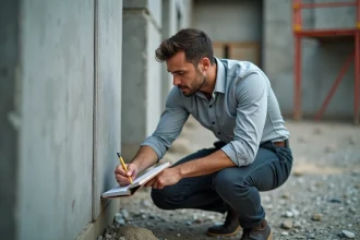 Ingénieur civil mesurant les dimensions d'une cuve en béton pour calculer son volume en mètres cubes sur un chantier de construction