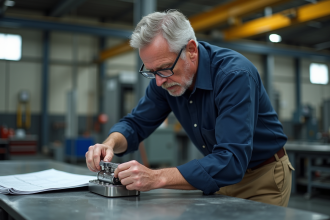 Ingénieur homme ajustant un cylindre hydraulique en atelier