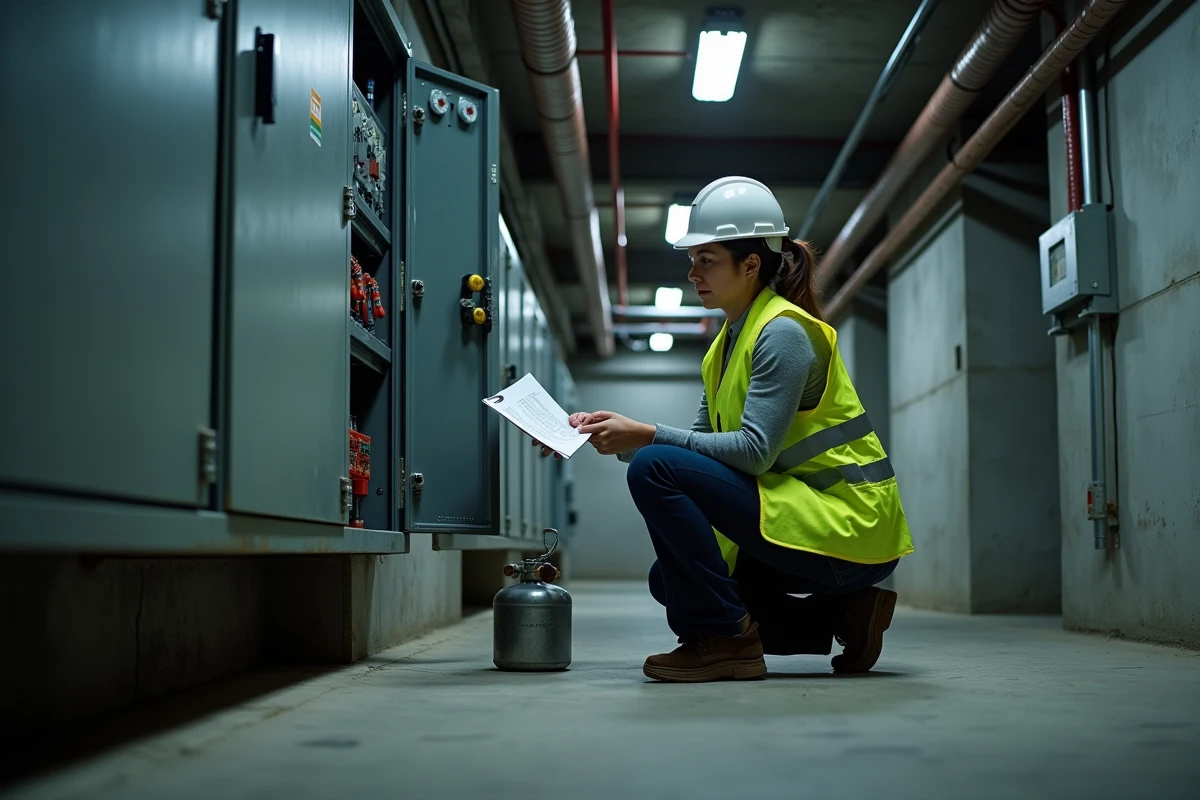 Ingénieure sécurité évaluant l'installation d'un extincteur électrique dans un sous-sol technique industriel
