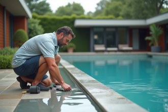Homme d'âge moyen inspectant une piscine extérieure moderne