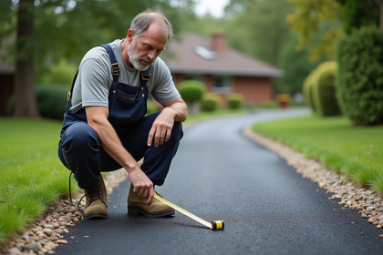 Ouvrier inspectant une allée en asphalte neuf dans un jardin