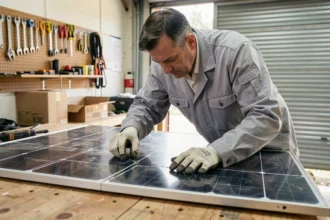 Homme inspectant un panneau solaire d'occasion posé sur un établi dans un garage