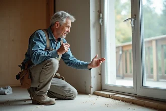 Homme inspectant une fenêtre PVC déformée en rénovation