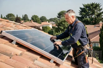 Technicien installant un panneau solaire hybride Dualsun sur un toit en tuiles avec vue sur un quartier résidentiel