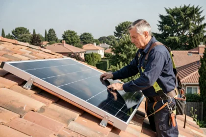 Technicien installant un panneau solaire hybride Dualsun sur un toit en tuiles avec vue sur un quartier résidentiel