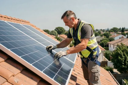 Technicien installant un panneau solaire monocristallin sur un toit en tuiles avec harnais de sécurité