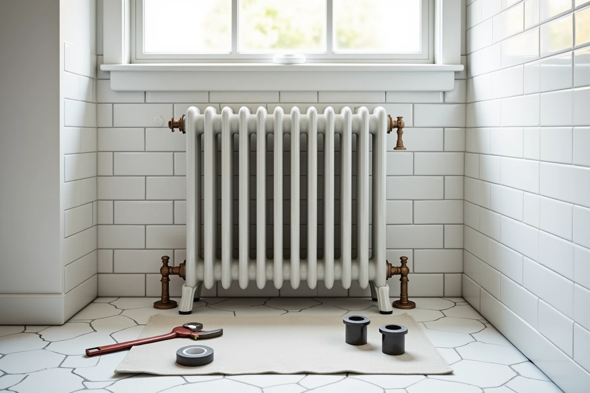 Radiateur en fonte ancien partiellement démonté dans une salle de bain rénovée, montrant les étapes de remplacement des pieds