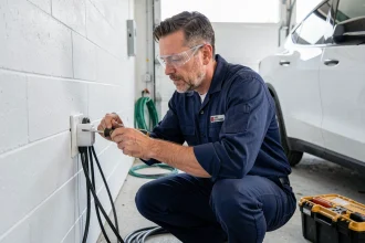 Électricien professionnel installant une prise renforcée pour voiture électrique dans un garage résidentiel