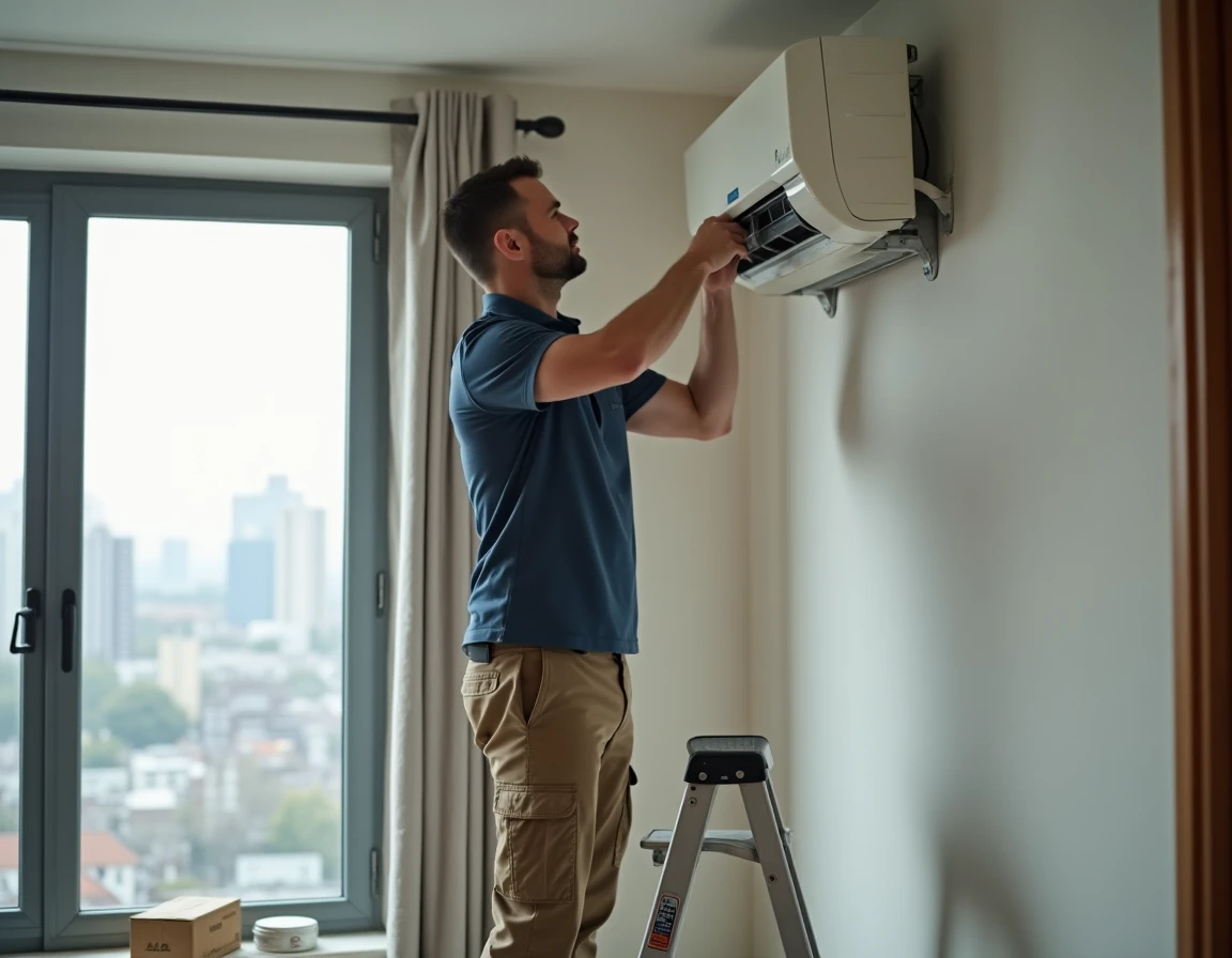 Technicien installant un split de pompe à chaleur air-air dans une chambre en cours de rénovation