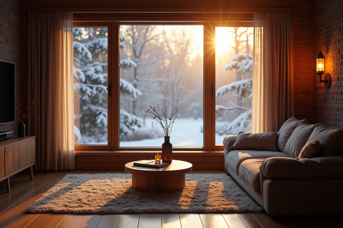 Salon lumineux vu par une grande fenêtre en hiver