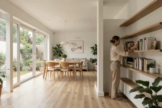 Intérieur lumineux d'une maison plain pied de 100m2 avec espace de vie ouvert, parquet en bois naturel et grandes fenêtres sur jardin
