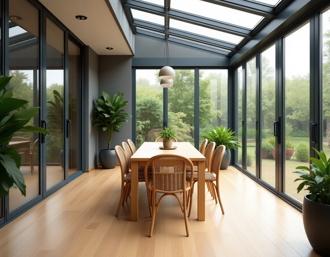 Intérieur aménagé d'une véranda de 40m2 avec sol en carrelage imitation bois et menuiseries à rupture de pont thermique