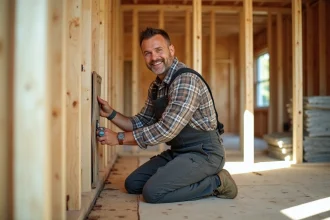 Ouvrier posant de l'isolant écologique dans une maison neuve