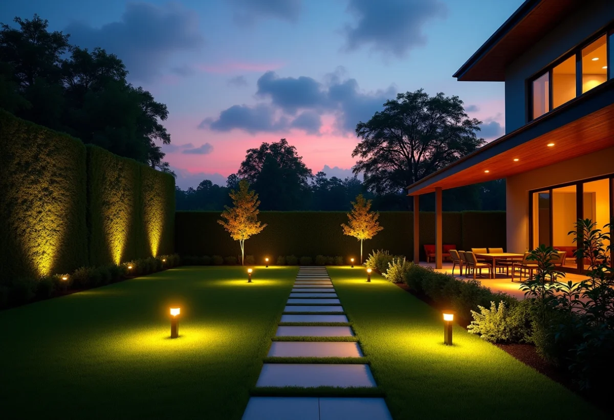Jardin moderne éclairé au coucher du soleil avec éclairages puissants